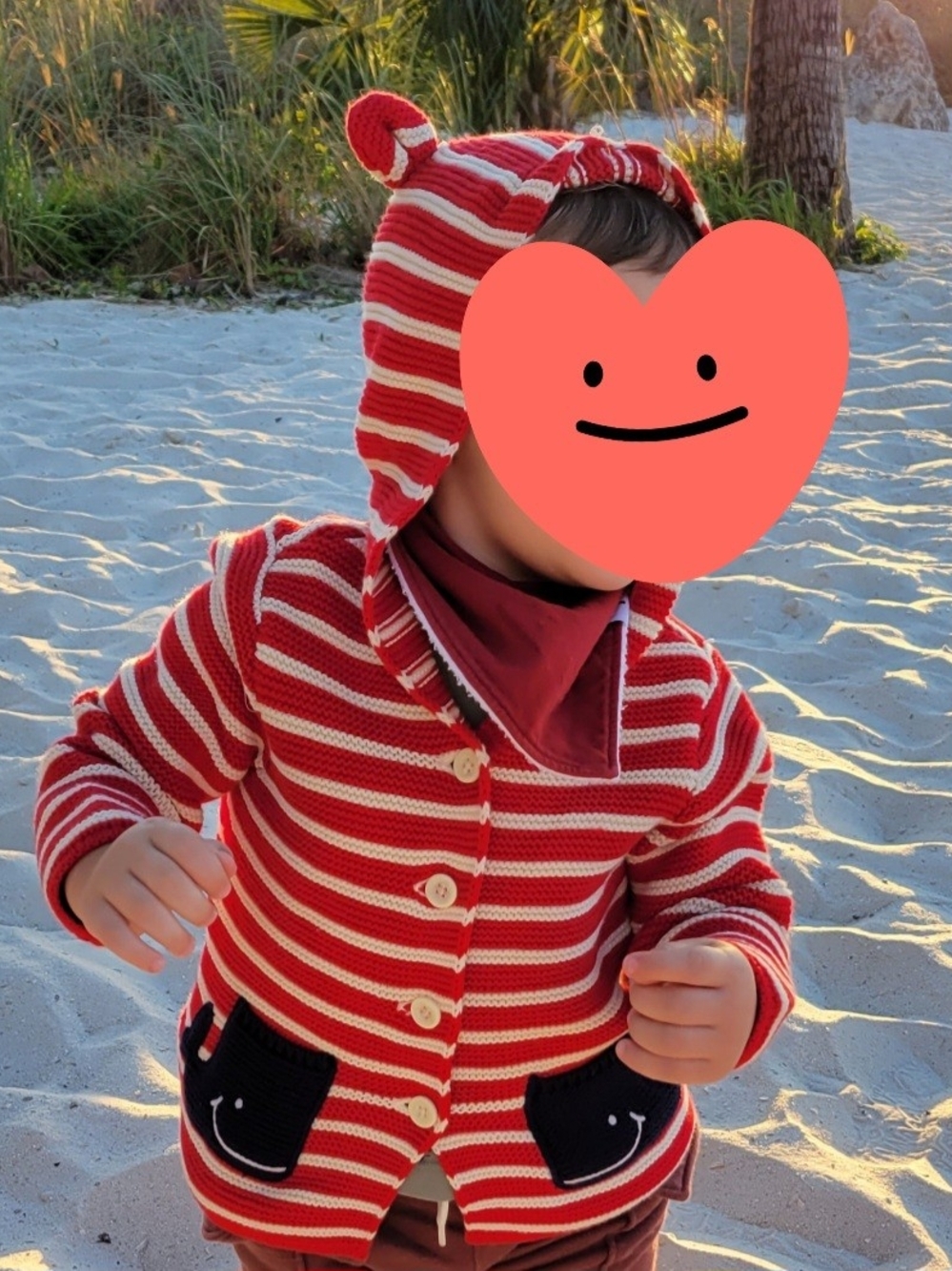 GAP Red and Cream Striped Hooded Knit Jacket with Ear Detail